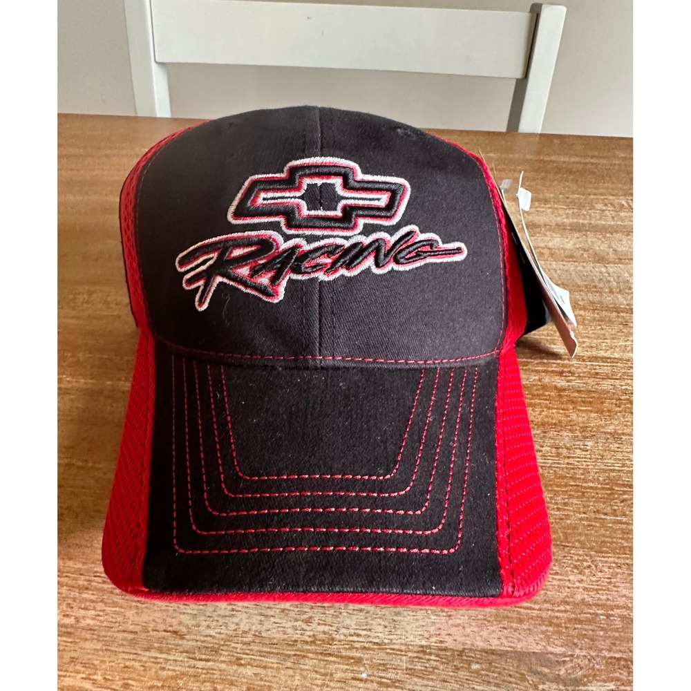 NASCAR Chevrolet Racing Hat Mens Black Red Chevy Bowtie Adjustable Cap 48517 NEW